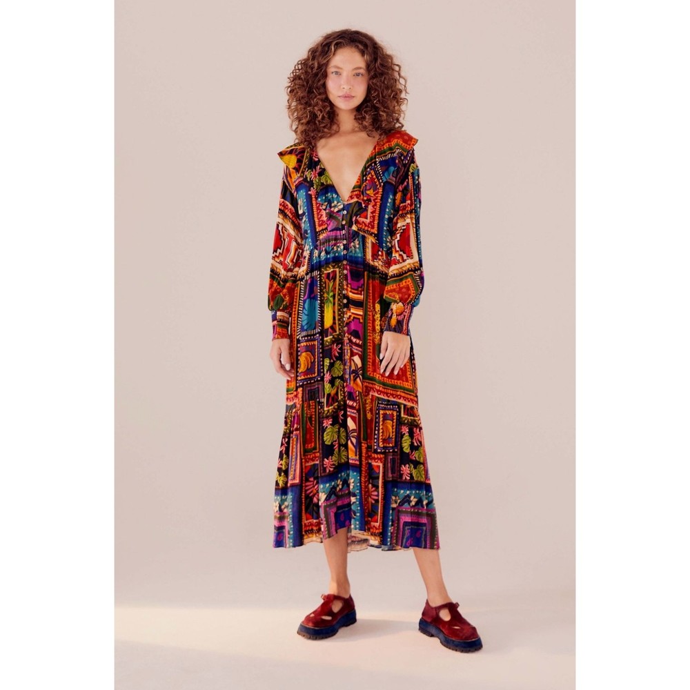 Farm Rio Patchwork Tapestry Ankle Dress S M Ruffle Neck Tiered Red Maxi Colorful